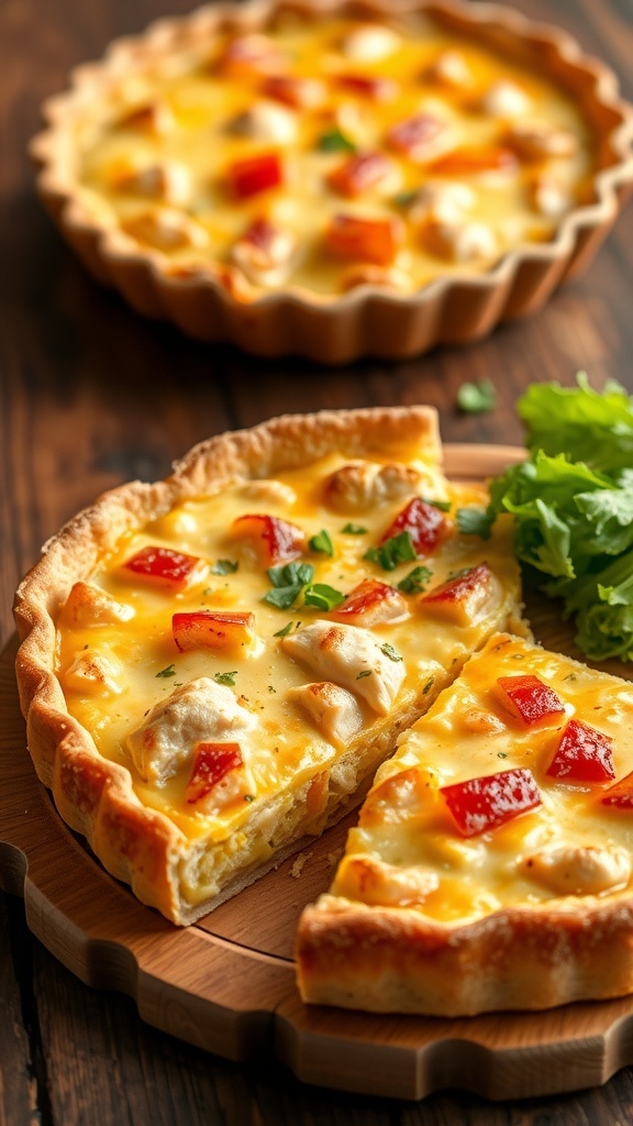 A slice of chicken quiche with a flaky crust, filled with chicken, cheese, and herbs, served with a side salad.